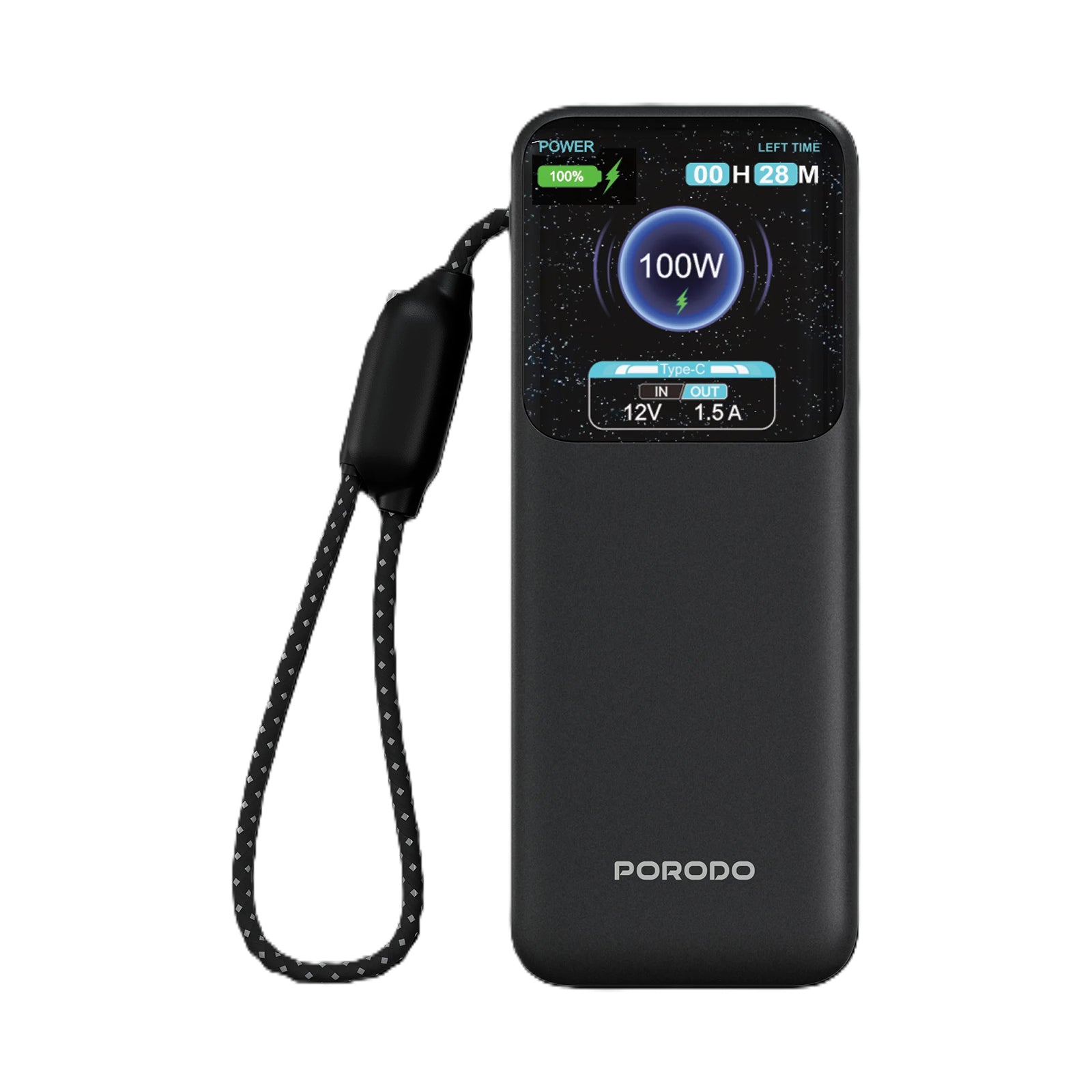 Porodo Polo 12000MAH 100w Powerbank With Type-C Cable - Blk